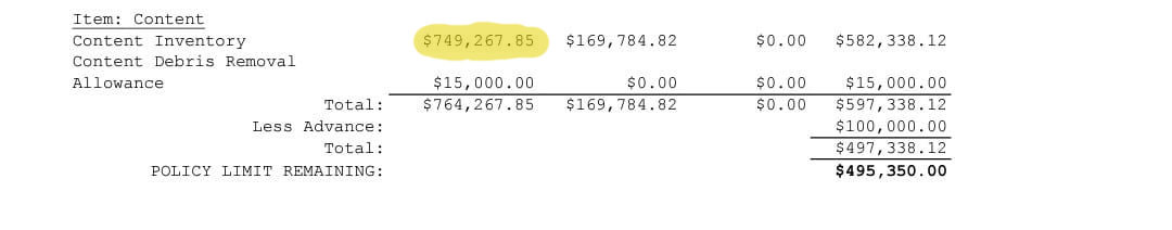 Insurance payout showing $749,267 content inventory